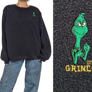 90s Dr. Seuss The Grinch Crewneck Fleece Sweatshirt, Christmas, Navy, L